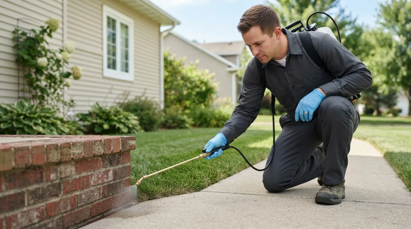 Pest control technician treating a home near South Easton, MA